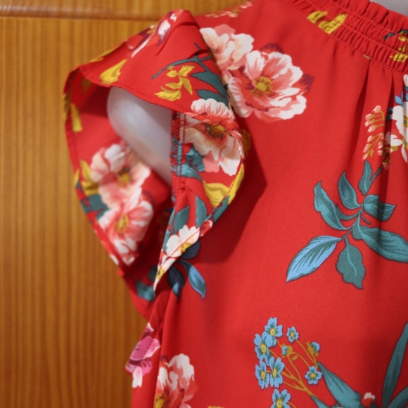 LOFT Red Floral Ruffled Sleeve Blouse Smocked Mock Neck Medium - Picture 4 of 16